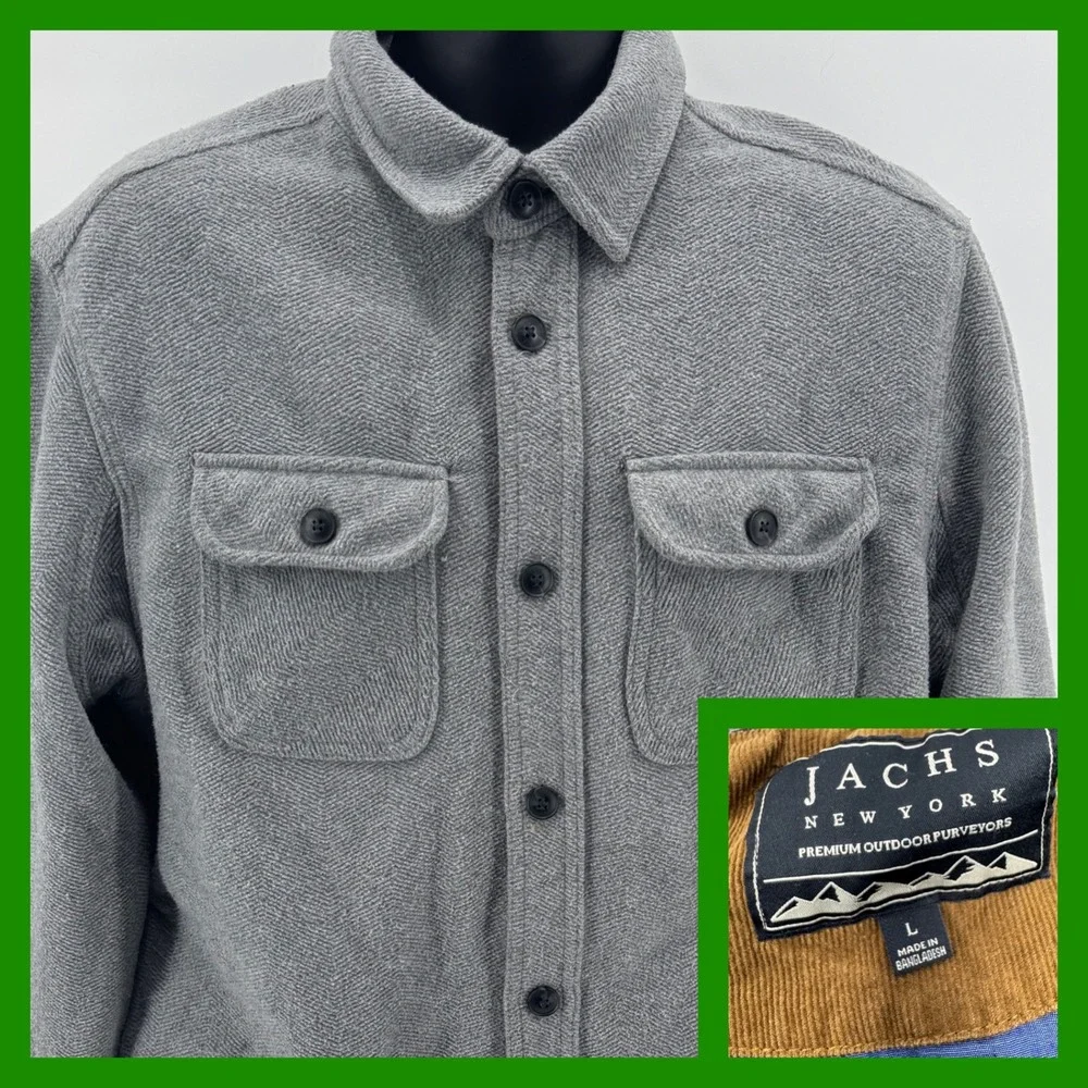 Jachs New York Herringbone Shirt Jacket Mens L Button Front Pockets Gray‎
